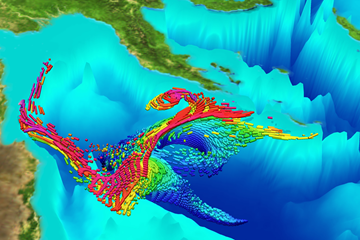 Part of an image from a state-of-the-art flow simulation that replicates the nature of the Coral Triangle between the Pacific and Indian oceans. Source: CISL Visualization Gallery